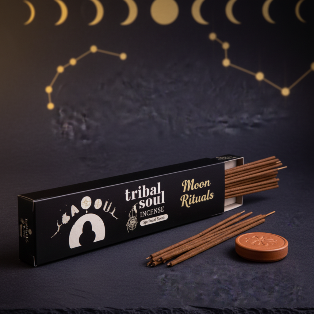 Ensemble encens de rituel et support en céramique lune présenté avec son packaging élégant sur fond sombre, idéal comme cadeau ésotérique