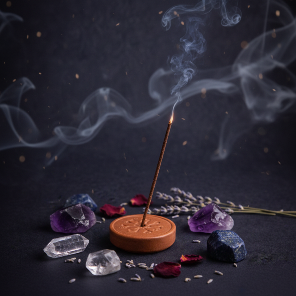 Bâtonnets d'encens de rituel allumés sur support en céramique lune avec volute de fumée sur fond sombre, entourés de cristaux et pétales séchés