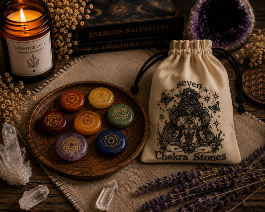 Coffret de 7 pierres des chakras gravées avec symboles dorés et pochette spirituelle illustrée