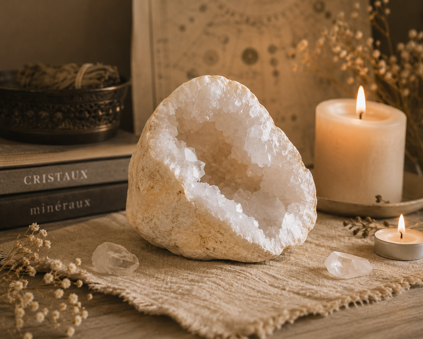 Grande géode de calcite et quartz blanc dans un univers apaisant et spirituel