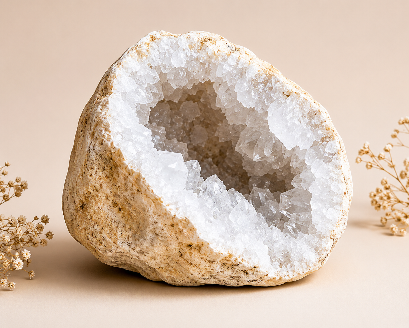 Grande géode ouverte de calcite et quartz du Maroc sur fond neutre beige