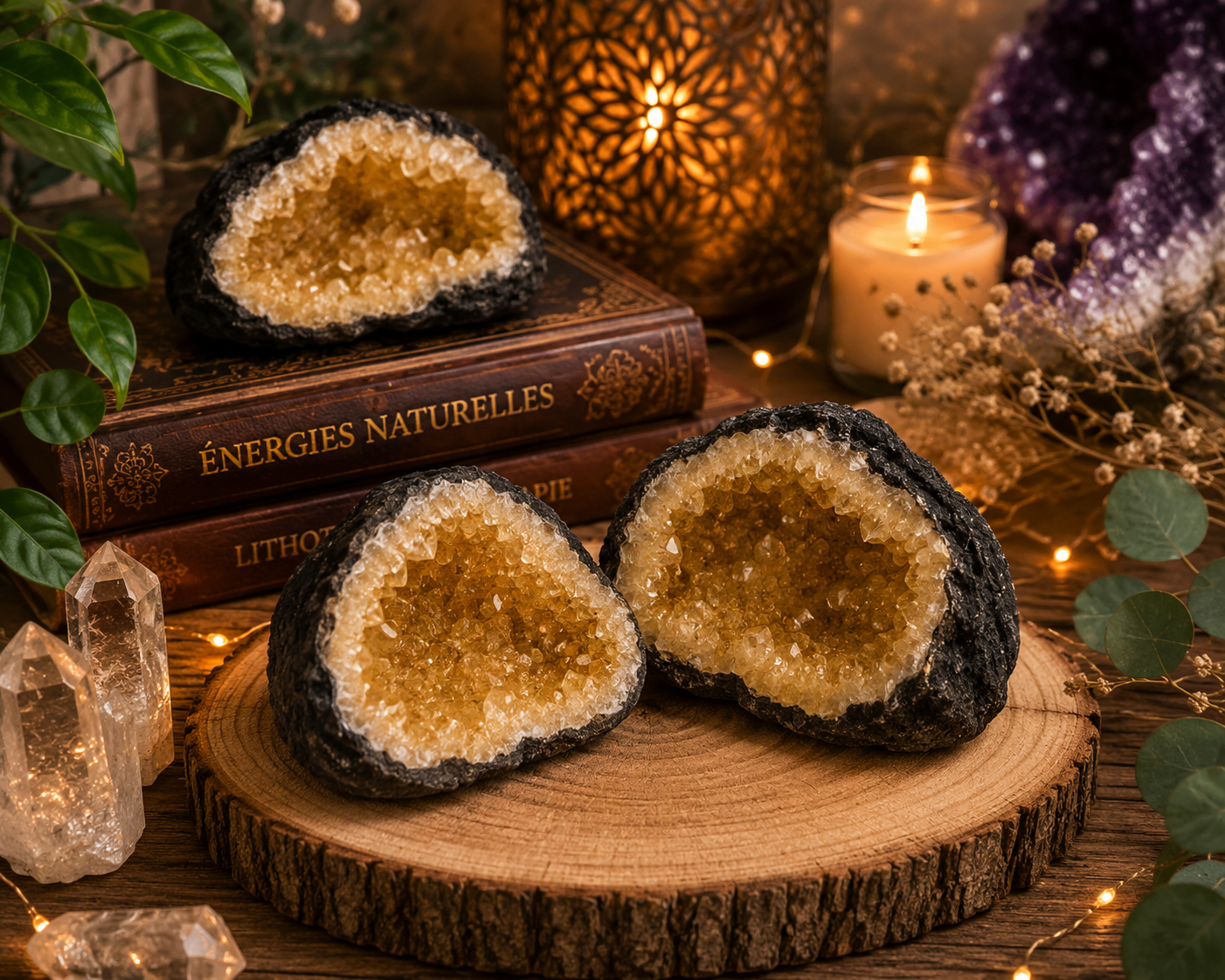 Géode de calcite jaune naturelle présentée dans une ambiance chaleureuse avec livres de lithothérapie, bougies et cristaux décoratifs.