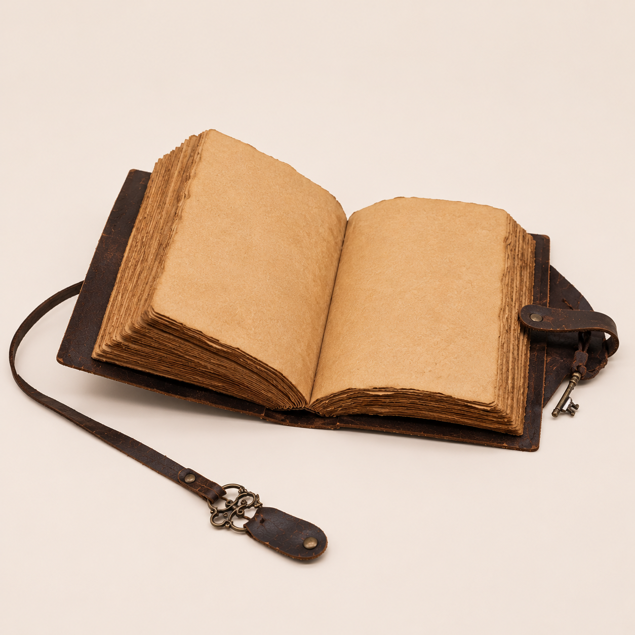 Grimoire artisanal ouvert avec pages vierges pour rituels, magie, cartomancie et développement spirituel.