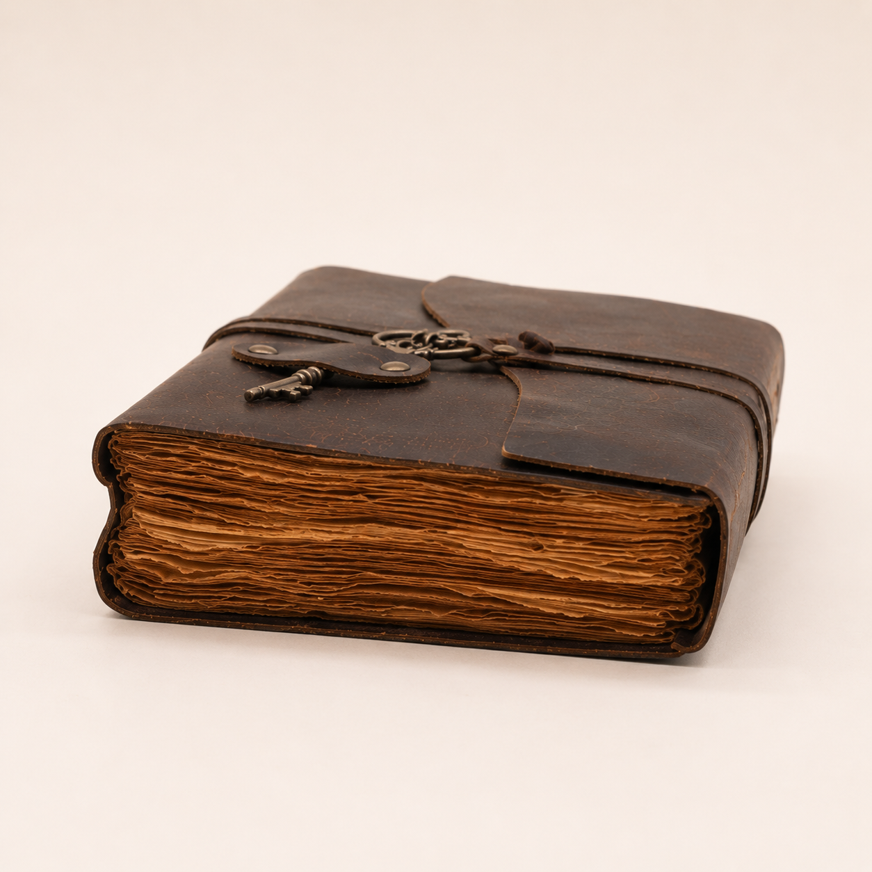 Détail des pages vieillies d'un grimoire en cuir inspiré des manuscrits médiévaux et ésotériques.