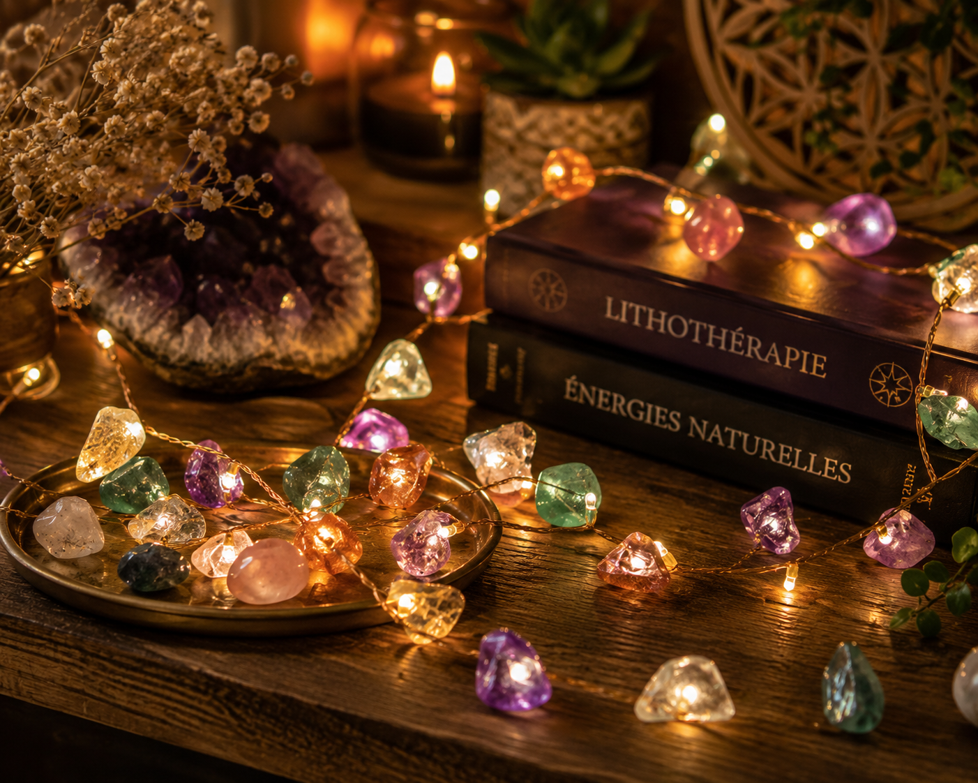 Guirlande lumineuse en pierres naturelles multicolores avec éclairage LED pour décoration spirituelle et ambiance féérique