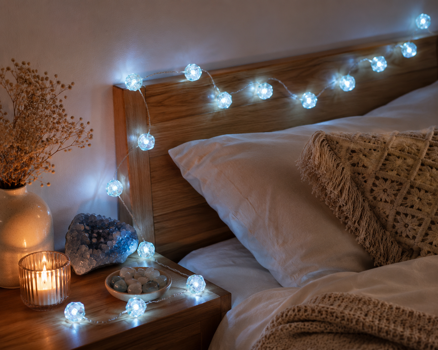 Guirlande lumineuse inspirée de la pierre Célestite installée sur une tête de lit pour créer une ambiance relaxante et apaisante dans une chambre