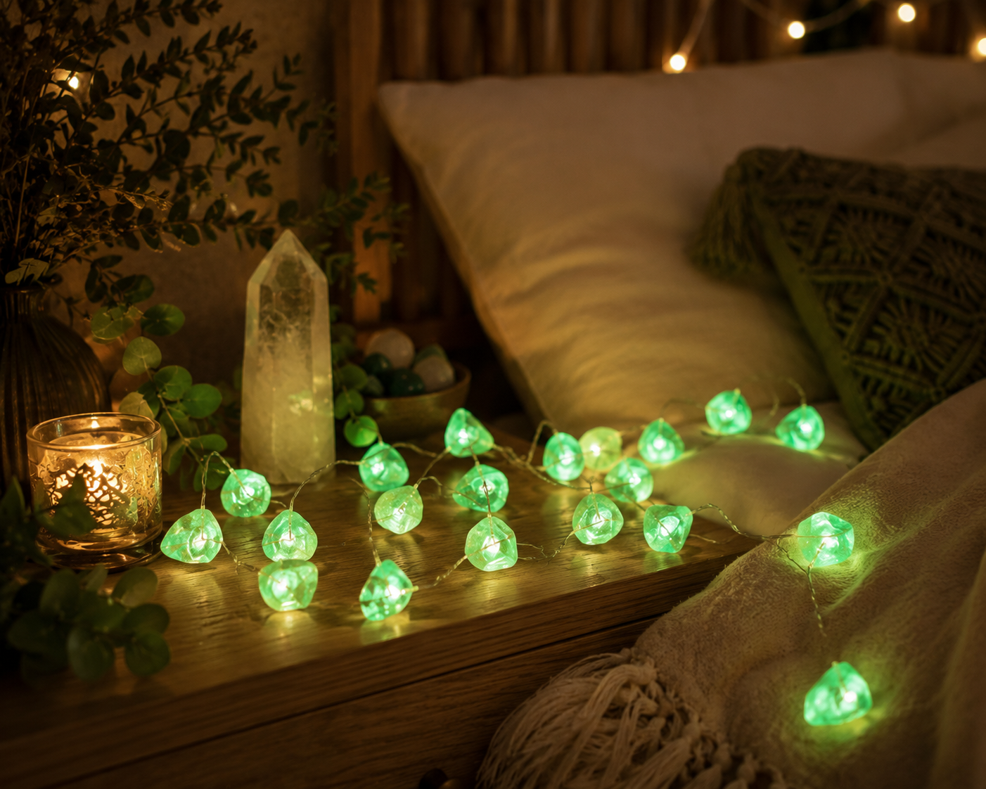 Guirlande lumineuse en pierres de jade vertes installée sur une tête de lit en bois pour créer une ambiance zen et apaisante dans une chambre