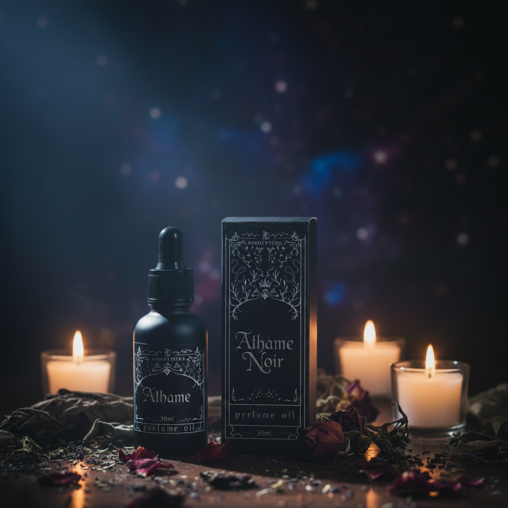 Huile de parfum ésotérique Athame Noir, fragrance épurée aux notes de lavandin, néroli et musc, ambiance rituelle et minimaliste