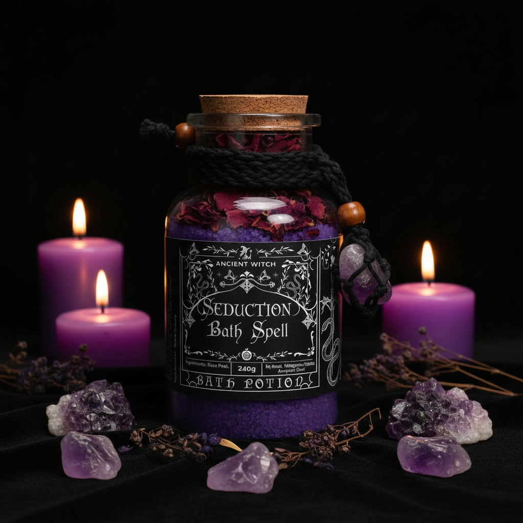 Flacon apothicaire de potion de bain Seduction Bath Spell avec amulette en cristal d'améthyste, cordon noir et perle en bois, sur fond sombre avec cristaux violets et bougies  rituel d'intuition et connexion spirituelle