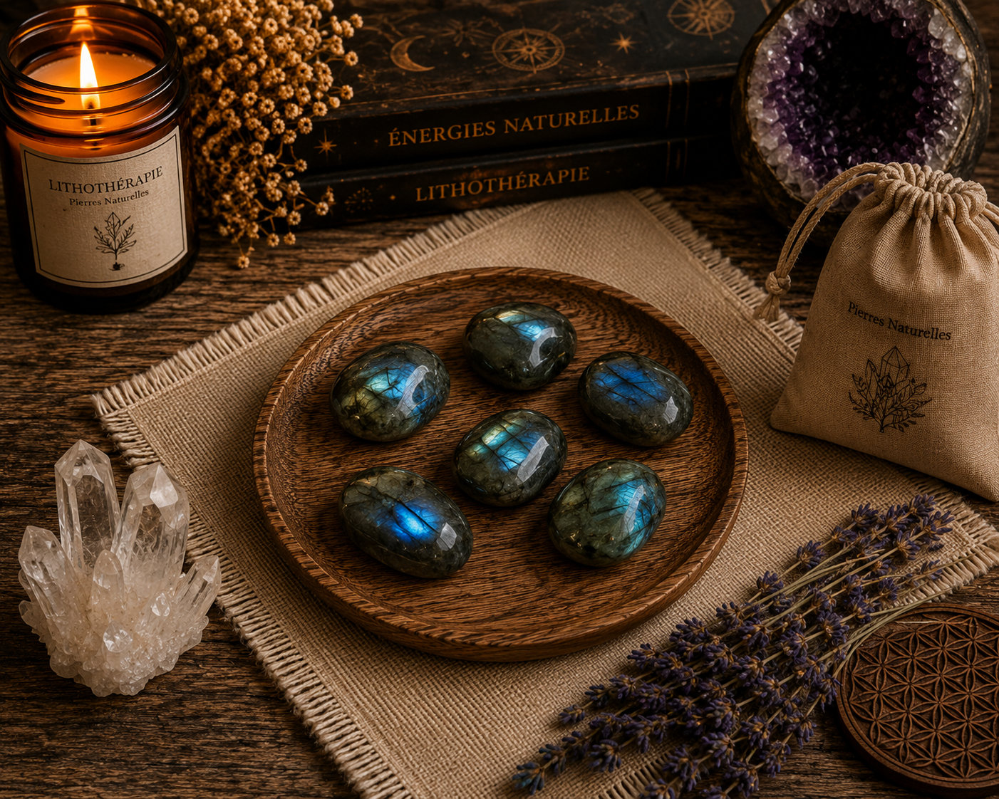 Labradorite polie 500 g, pierre naturelle de protection et d’intuition, présentée sur un plateau en bois dans une ambiance chaleureuse de lithothérapie.