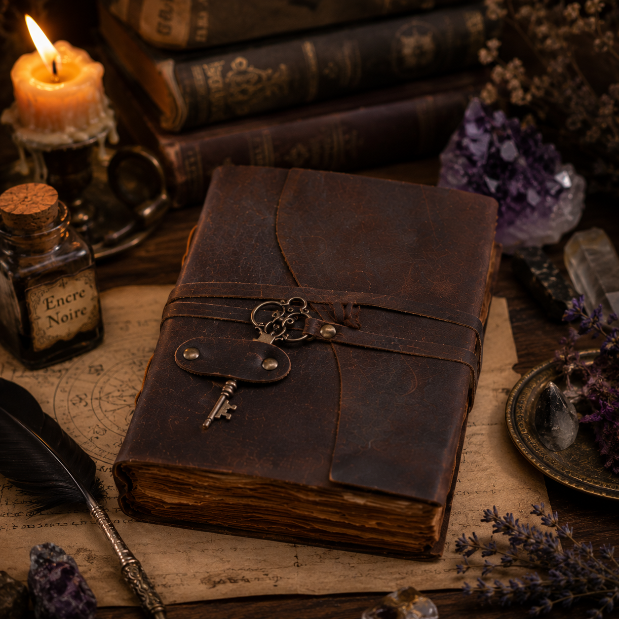 Livre des ombres en cuir véritable avec clé ancienne dans une ambiance mystique de sorcière moderne.