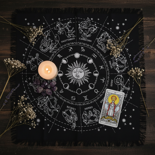 Flat lay de la nappe d'autel horoscope à franges avec bougie blanche, cristaux d'améthyste, carte de tarot et fleurs séchées sur bois sombre