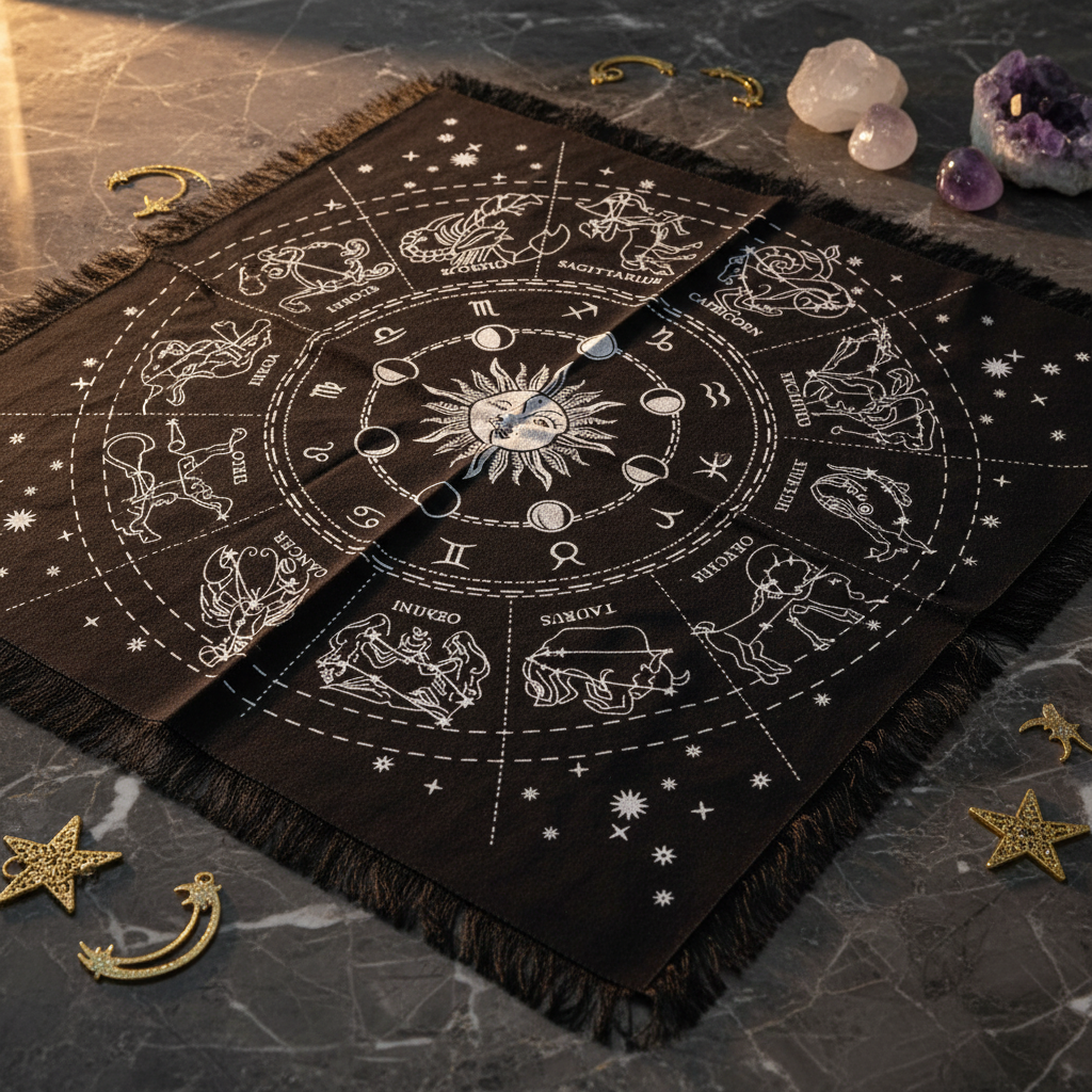Gros plan sur les symboles du zodiaque et les franges décoratives de la nappe d'autel horoscope, lumière dorée sur marbre noir