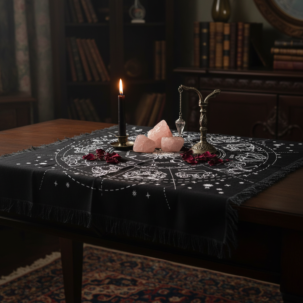 Nappe d'autel horoscope à franges drapée sur un autel en bois sombre avec bougie noire allumée, quartz rose, pendule et pétales de rose