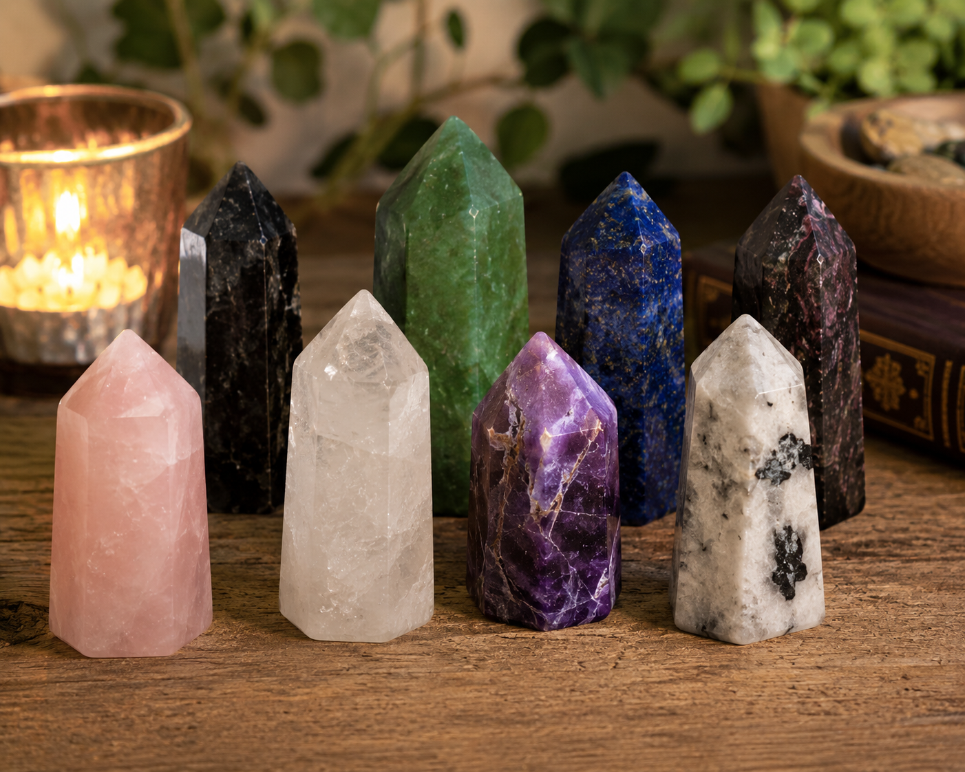 Obélisques en pierres naturelles 6 cm en décoration spirituelle avec améthyste, quartz rose, quartz clair, jade, lapis-lazuli et pierre de lune