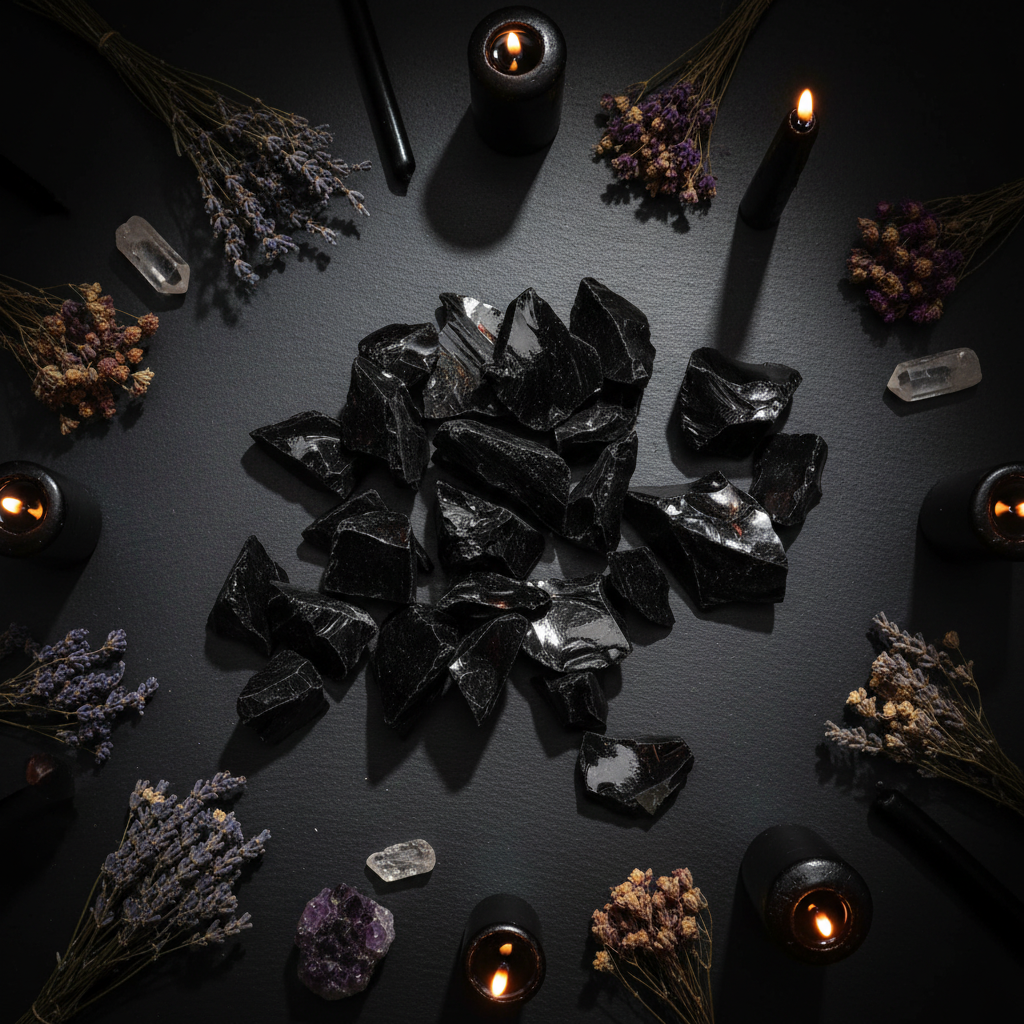 Vue du dessus de pierres d'obsidienne noire brutes sur ardoise noire entourées de fleurs séchées, bougies noires et cristaux dans une ambiance mystique