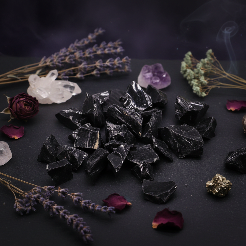 Pierres d'obsidienne noire brutes aux reflets vitreux et arêtes naturelles sur fond sombre, entourées de fleurs séchées et cristaux