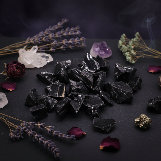 Pierres d'obsidienne noire brutes aux reflets vitreux et arêtes naturelles sur fond sombre, entourées de fleurs séchées et cristaux