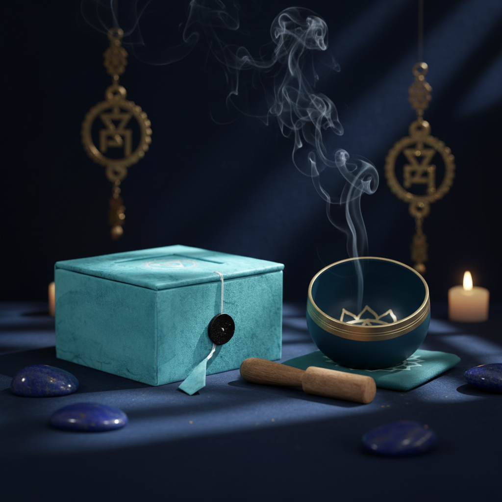 Coffret bol chantant chakra gorge ouvert avec bol bleu doré, maillet en bois et tapis mandala turquoise