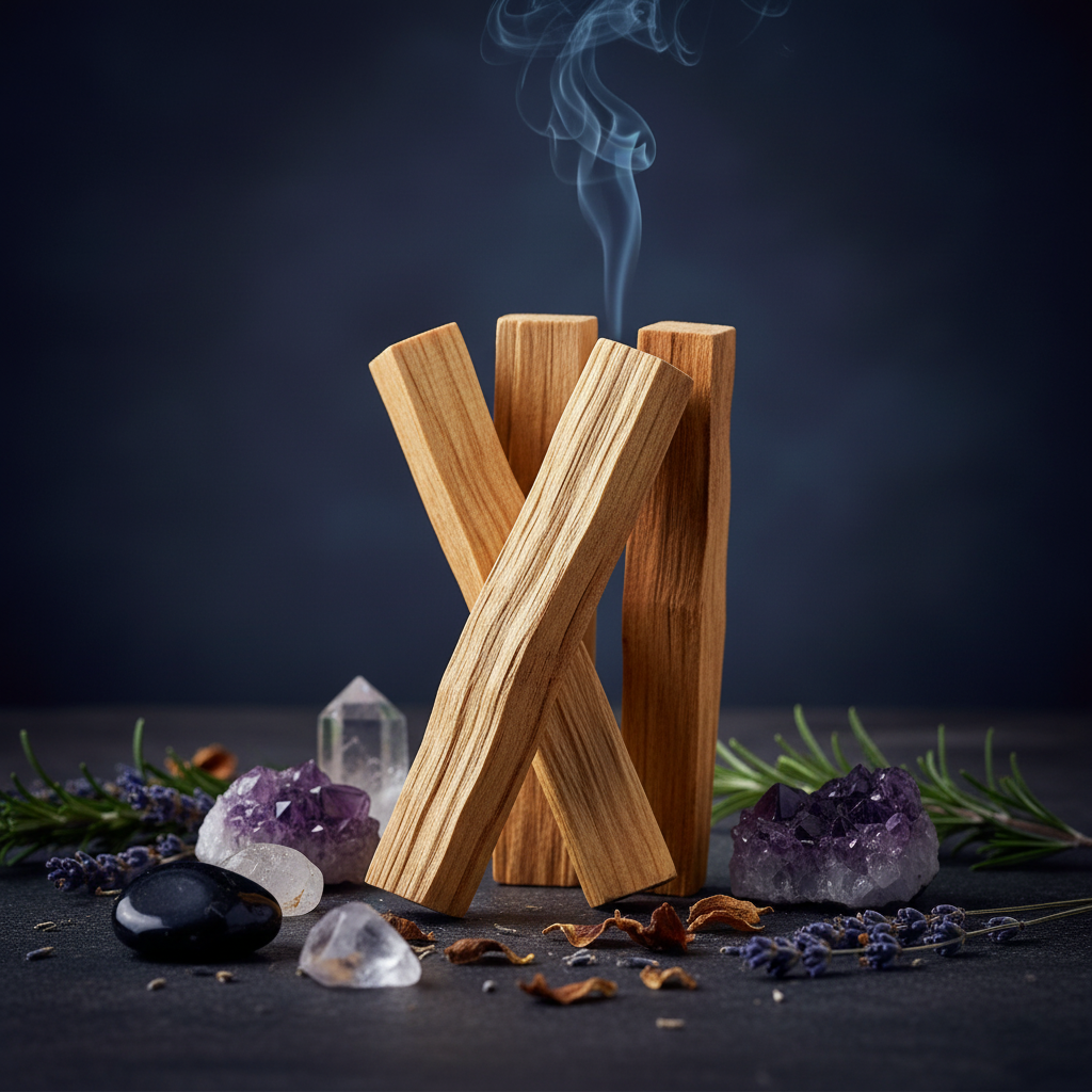 Bâtons de Palo Santo naturel avec volute de fumée sur fond sombre, entourés de cristaux et fleurs séchées
