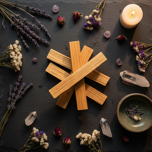 Vue du dessus de bâtons de Palo Santo naturel posés sur ardoise noire avec cristaux de quartz, fleurs séchées et coupelle en céramique