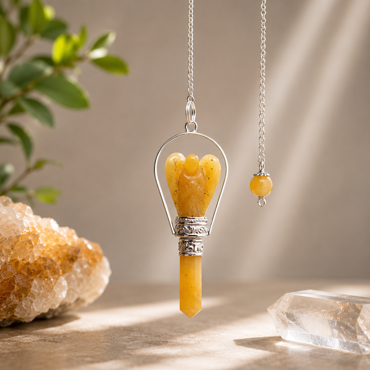 pendule suspendu décor quartz jaune plante verte