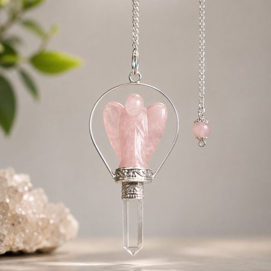 Pendule suspendu, chaine argentée décor pierre naturel et plante verte
