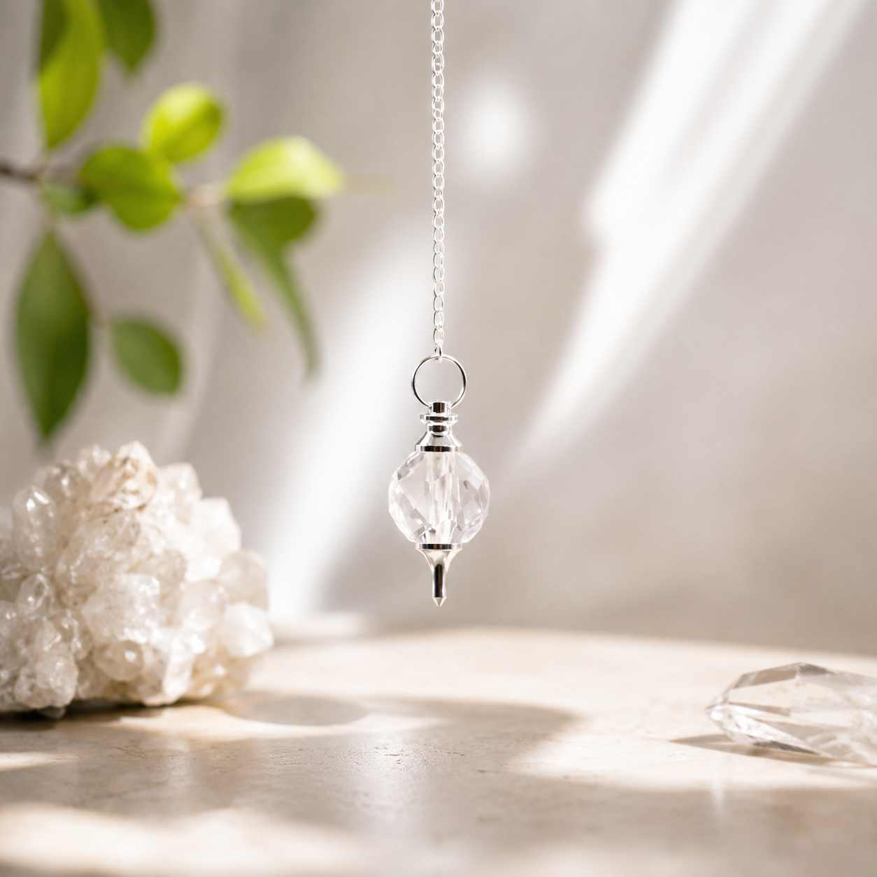 pendule suspendu, chaîne argent, décor cristal de roche et plante verte