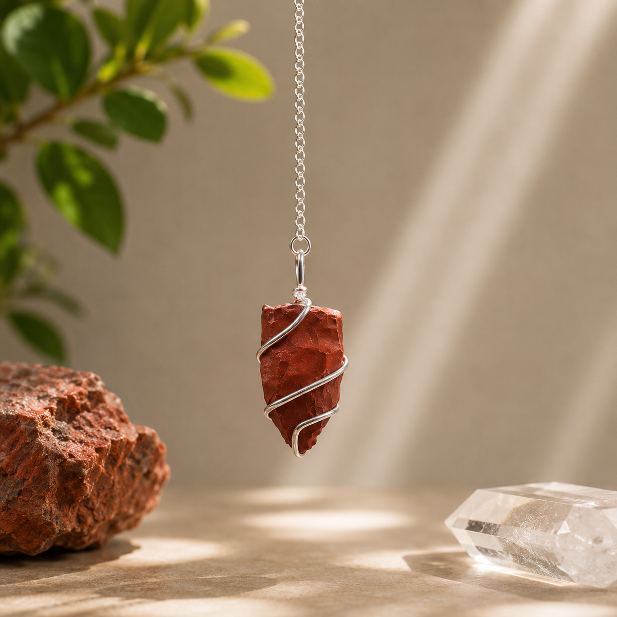 pendule suspendu chaîne argentée décor pierres naturelles et plante verte