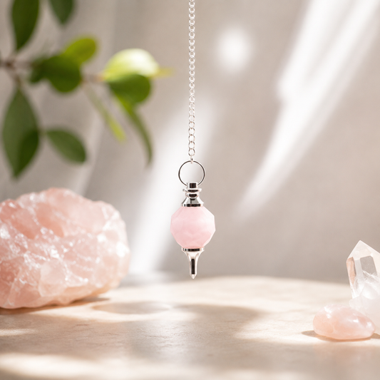 Pendule en quartz rose suspendu chaine argentée décor quartz et plante verte 
