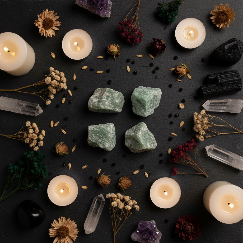 Vue du dessus de pierres de jade brutes sur ardoise noire entourées de fleurs séchées, bougies et cristaux dans une ambiance mystique