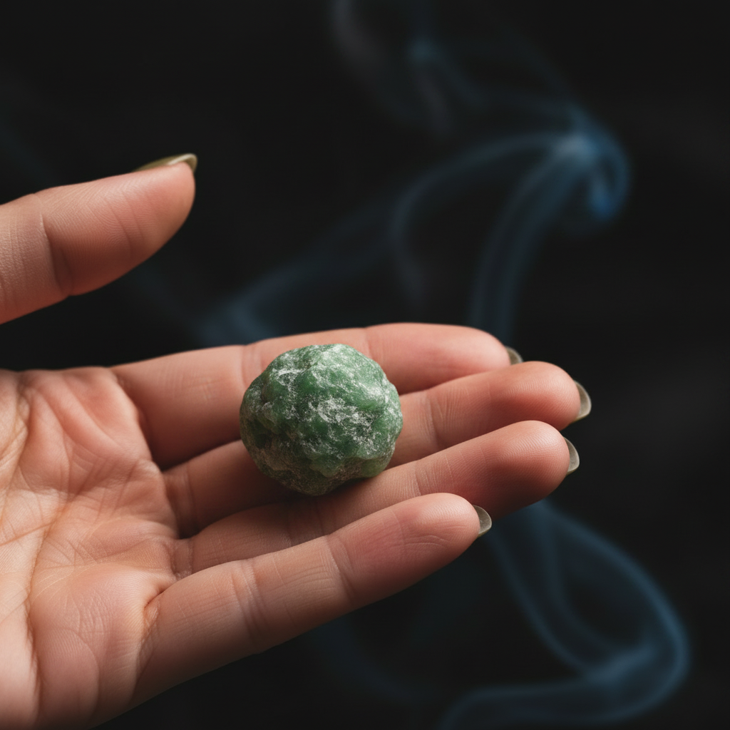 Main tenant délicatement une pierre de jade brute aux teintes vertes naturelles sur fond sombre