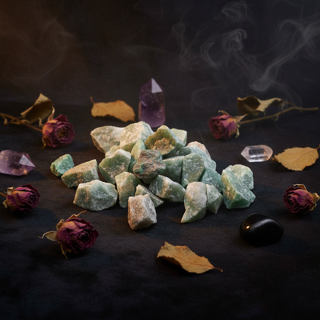 Pierres de jade brutes aux teintes vertes naturelles sur fond sombre, entourées de fleurs séchées et cristaux
