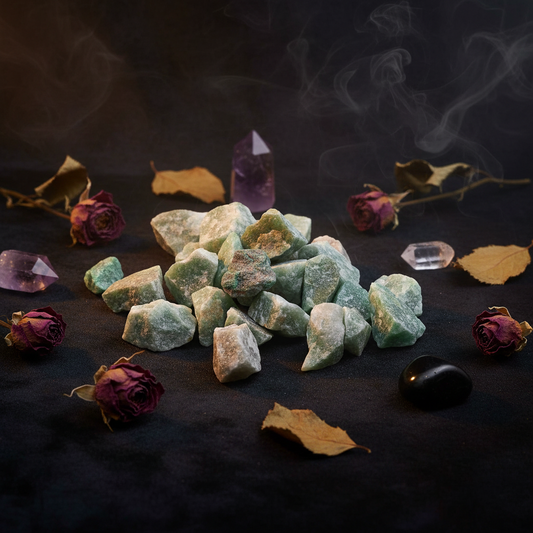 Pierres de jade brutes aux teintes vertes naturelles sur fond sombre, entourées de fleurs séchées et cristaux
