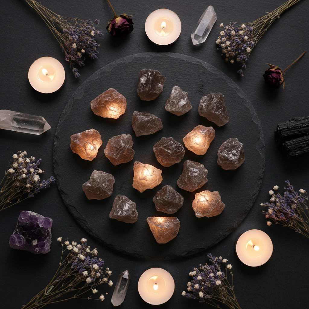 Vue du dessus de pierres de quartz fumé brutes sur ardoise noire entourées de fleurs séchées, bougies et cristaux dans une ambiance mystique