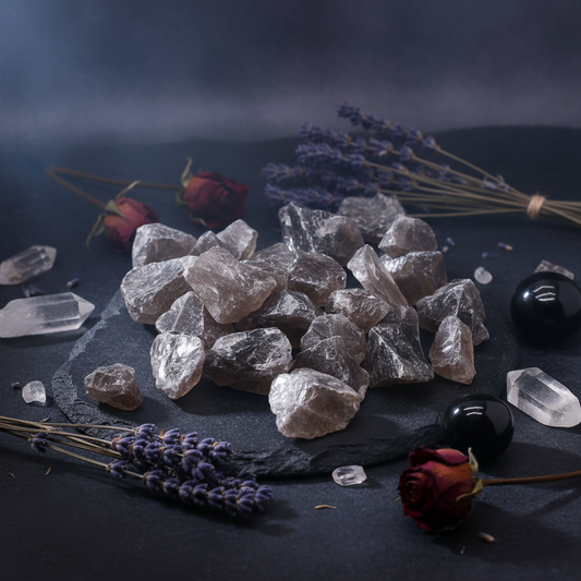 Pierres de quartz fumé brutes aux teintes brun-gris translucides et facettes naturelles sur fond sombre, entourées de fleurs séchées et cristaux