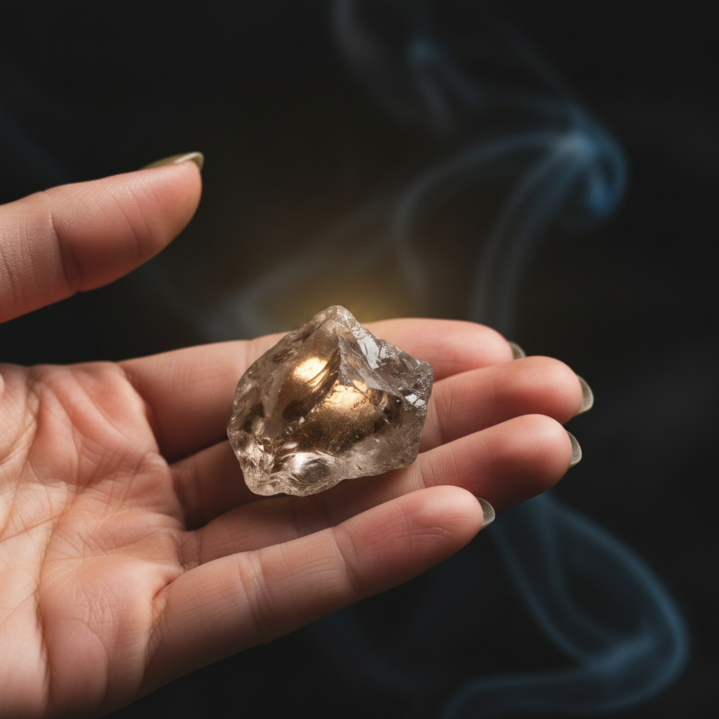 Main tenant délicatement une pierre de quartz fumé brute aux teintes brun-gris translucides sur fond sombre
