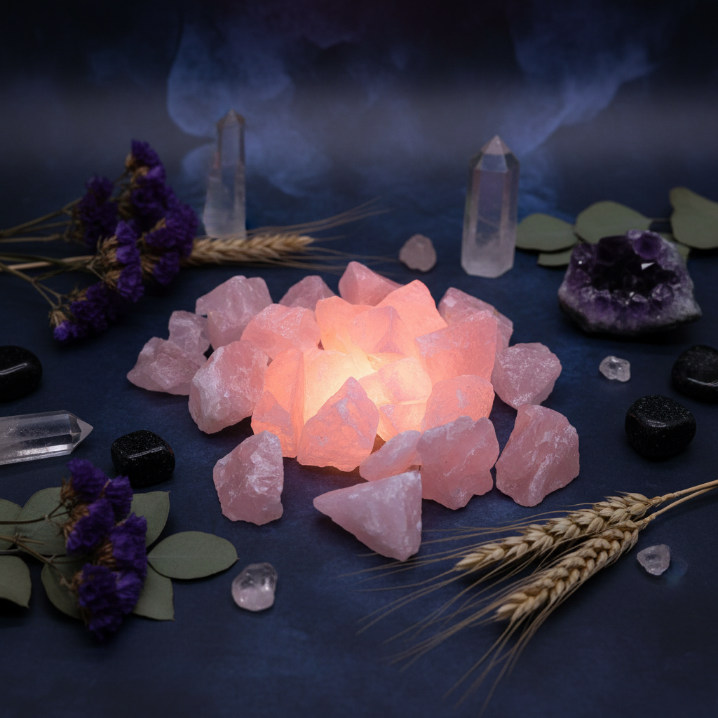 Pierres de quartz rose brutes aux teintes roses douces et translucides sur fond sombre, entourées de fleurs séchées et cristaux