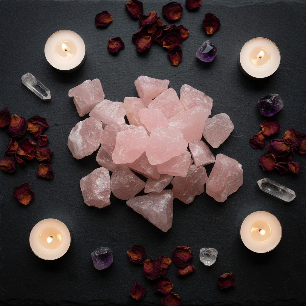 Vue du dessus de pierres de quartz rose brutes sur ardoise noire entourées de pétales de rose séchés, bougies et cristaux dans une ambiance mystique