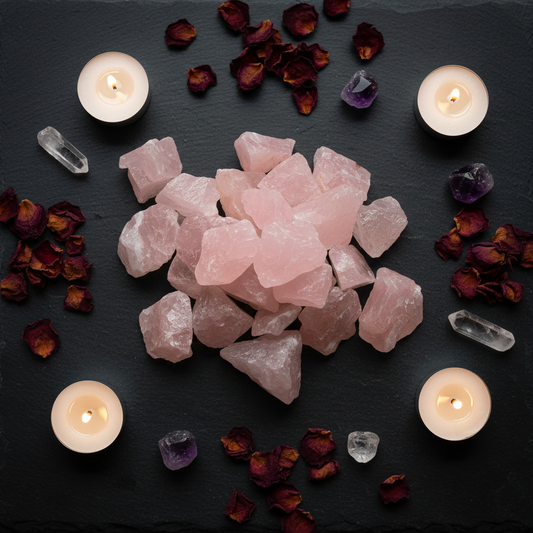 Vue du dessus de pierres de quartz rose brutes sur ardoise noire entourées de pétales de rose séchés, bougies et cristaux dans une ambiance mystique