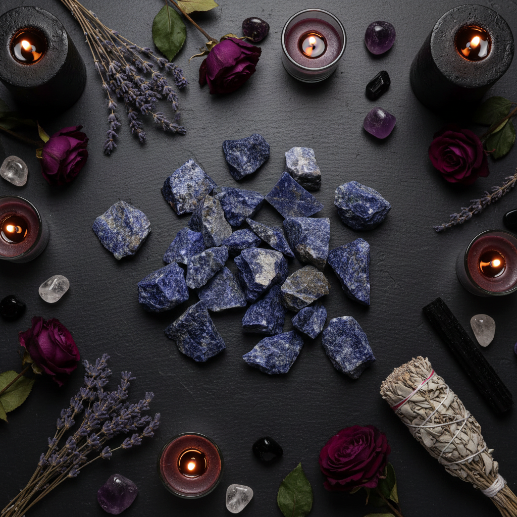 Vue du dessus de pierres de sodalite brutes bleu profond sur ardoise noire entourées de fleurs séchées, bougies et cristaux