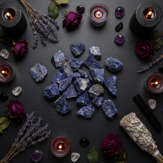 Vue du dessus de pierres de sodalite brutes bleu profond sur ardoise noire entourées de fleurs séchées, bougies et cristaux