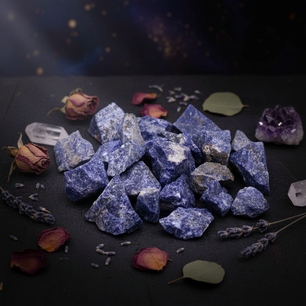 Pierres de sodalite brutes aux teintes bleu profond et veines blanches sur fond sombre, entourées de fleurs séchées et cristaux