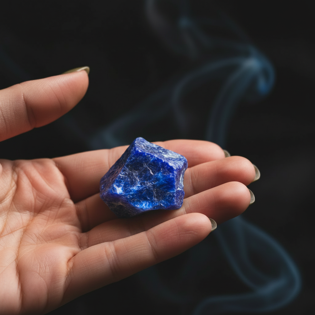 Main tenant délicatement une pierre de sodalite brute aux teintes bleu profond et veines blanches sur fond sombre

