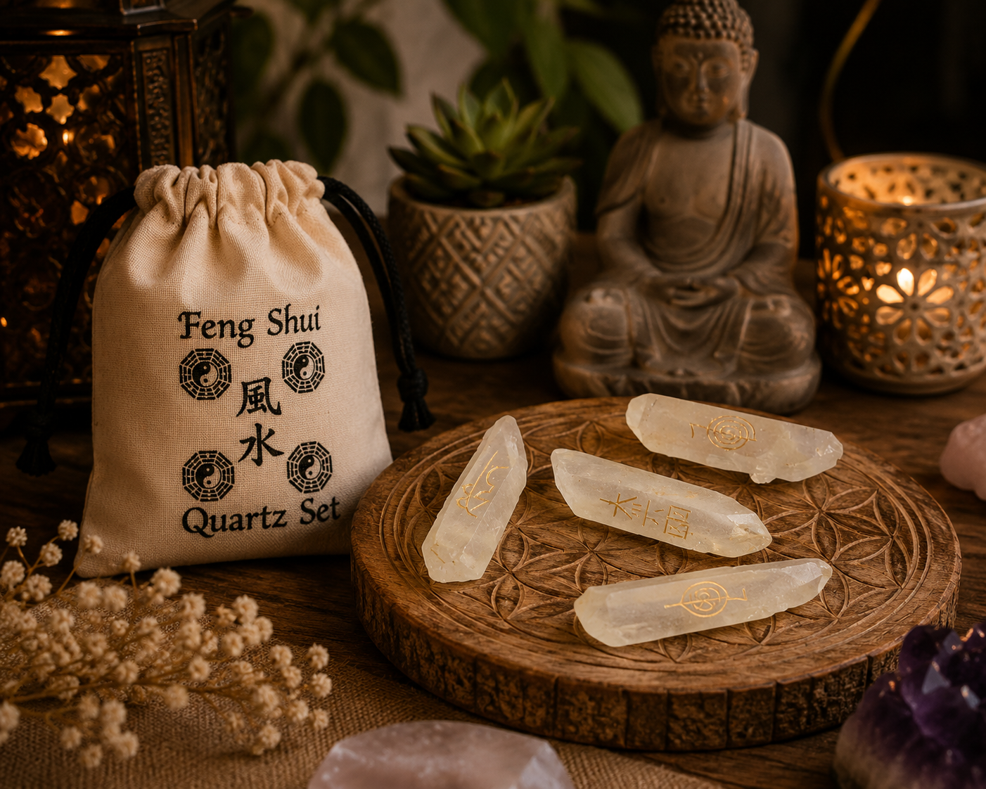 Coffret Feng Shui composé de quatre pointes en quartz naturel avec pochette spirituelle imprimée