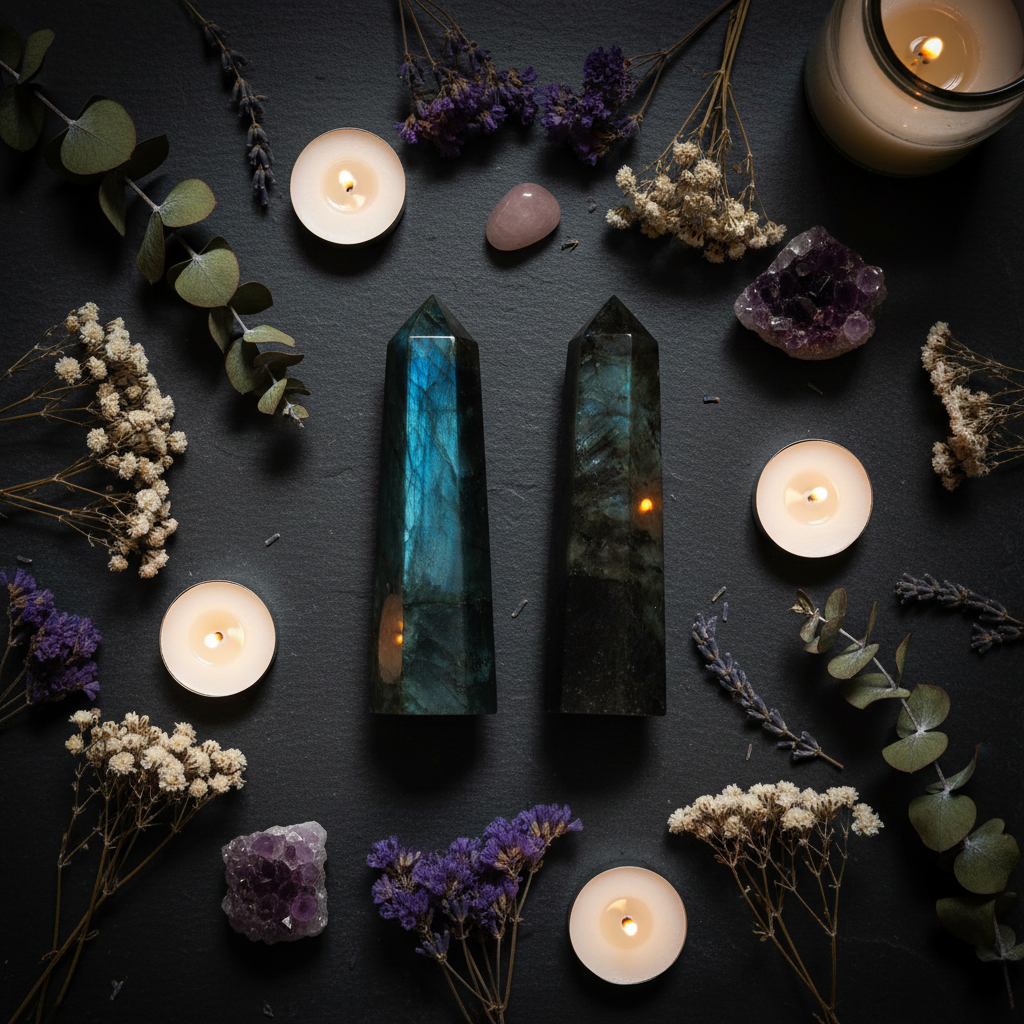 Vue du dessus de pointes de labradorite sur ardoise noire entourées de fleurs séchées, bougies et cristaux dans une ambiance mystique
