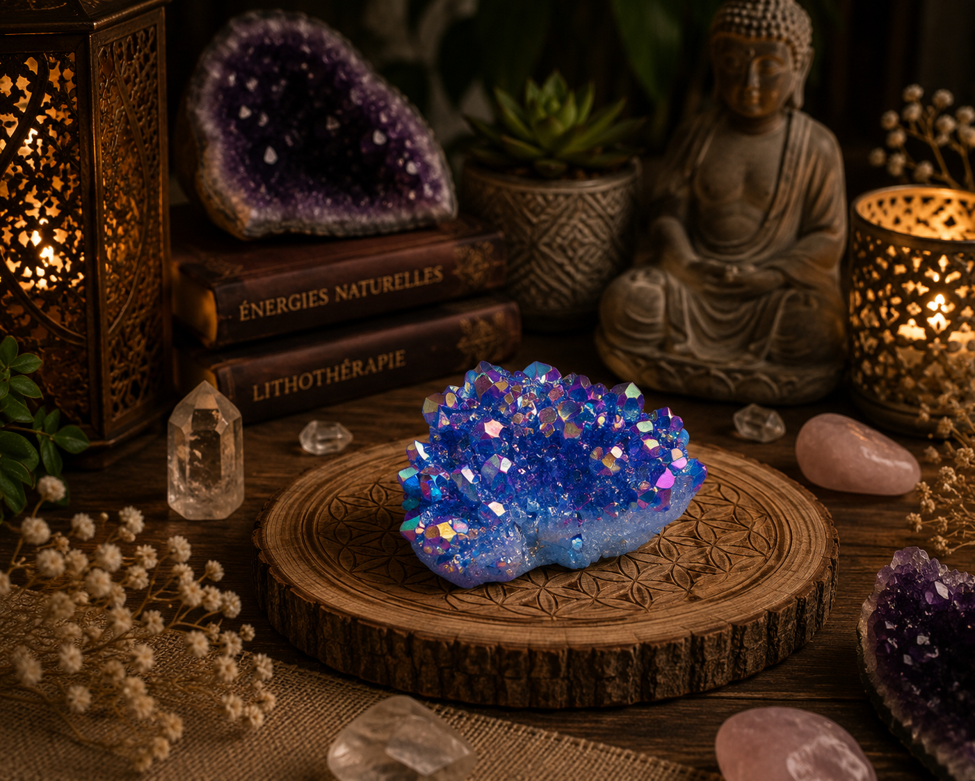 Amas de quartz Aura Aqua Halo aux reflets bleus et irisés pour décoration spirituelle et collection minérale