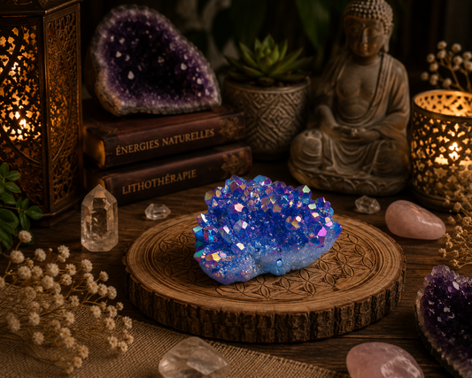 Amas de quartz Aura Aqua Halo aux reflets bleus et irisés pour décoration spirituelle et collection minérale