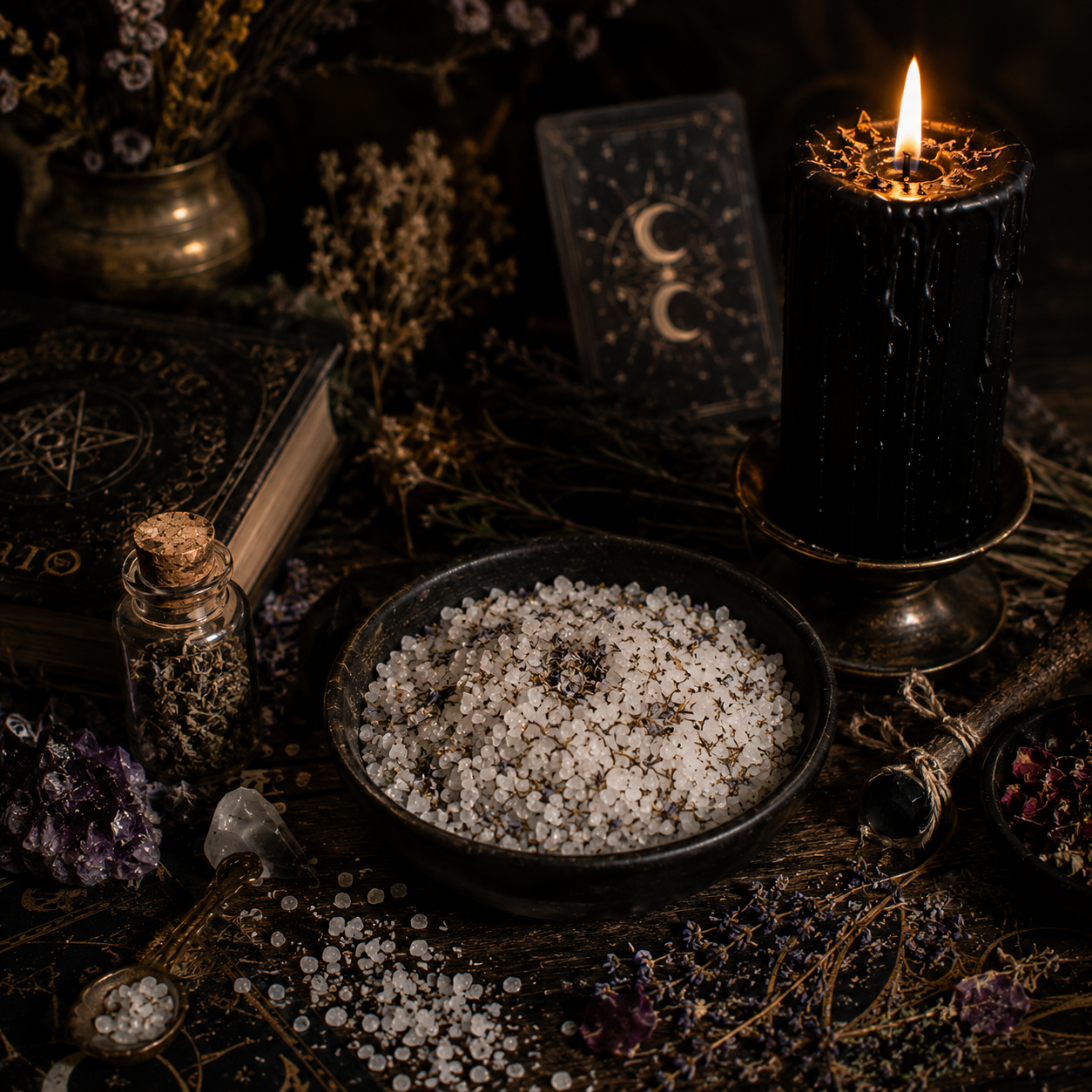 Sel de bain de l’Himalaya utilisé dans une ambiance ésotérique avec bougie noire, cristaux et accessoires de rituel pour purification symbolique et pratique spirituelle