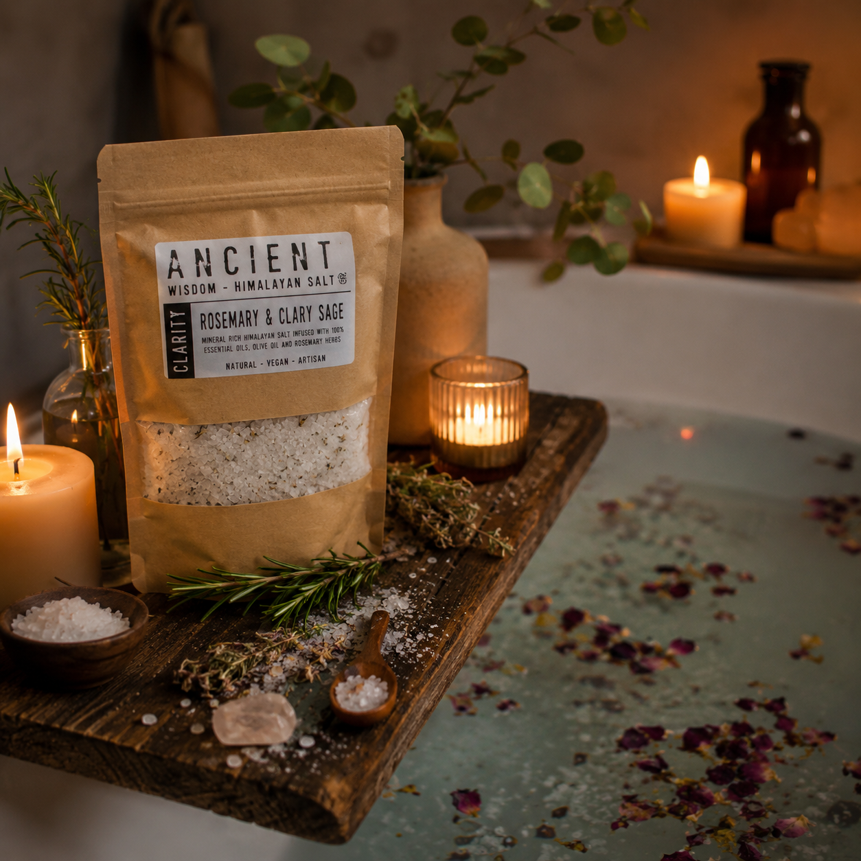 Sel de bain Himalaya romarin et sauge sclarée mis en scène près d’un bain relaxant avec bougies pour un rituel bien-être et moment de détente